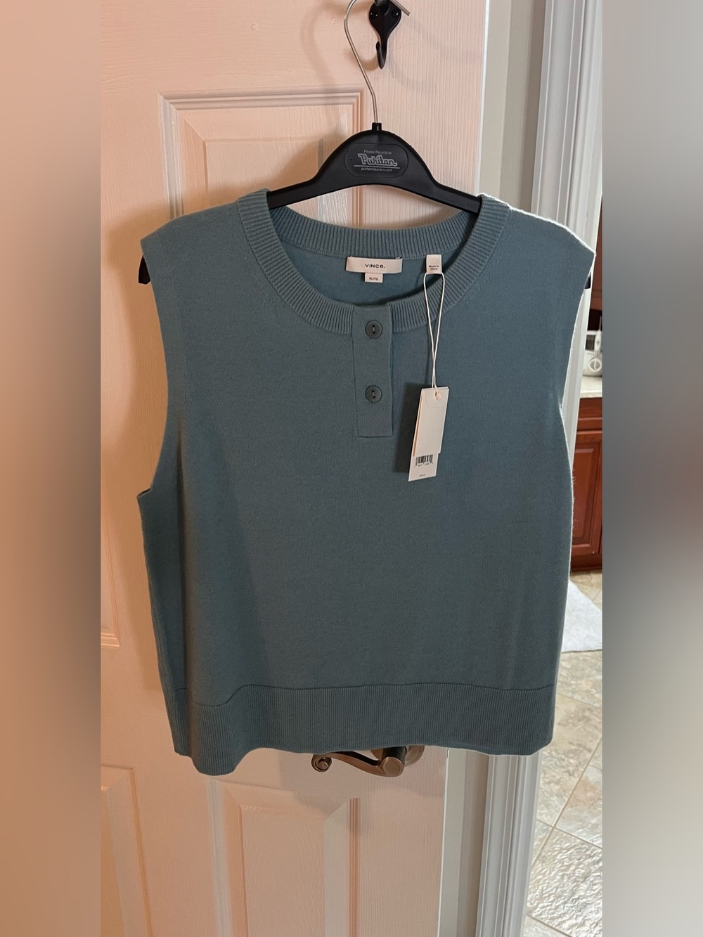 Vince Sleeveless Button-Neck Knit Top in Dusty Teal—Beautiful Piece!